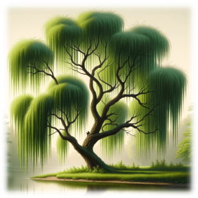 C:\Users\Наталочка\Desktop\DALL·E 2024-02-26 22.06.04 - Create an image of a willow tree, showcasing its distinctive weeping form with long, flowing branches that gracefully touch the ground. The setting sh.png